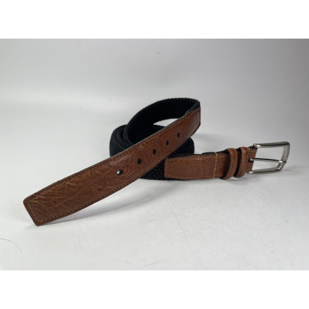 Torino Belt Men's Size 46 Black Braided Tan Leather Canvas Woven Made In USA